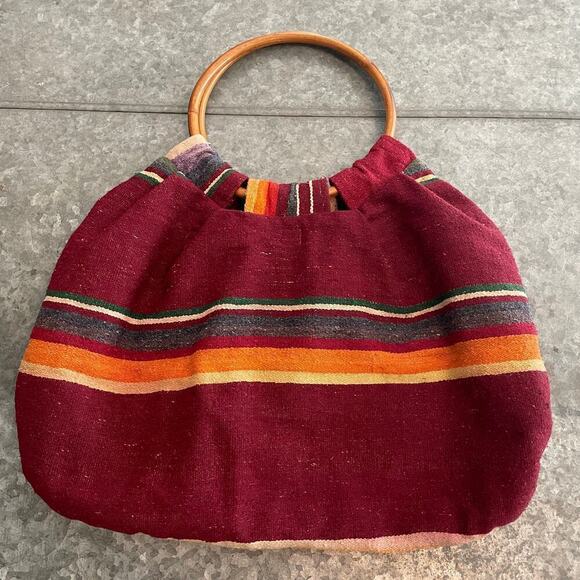 Vintage 70s Knapp Sacs California Round Knit Wood Handle Bag Purse Boho Aztec - Picture 1 of 11